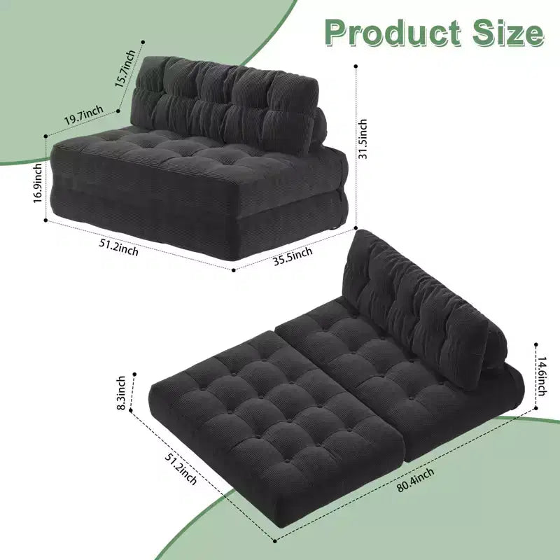 Folding Floor Sofa Bed, Corduroy Convertible Sleeper Couch with Pillow & Back Support, Portable Fold Out Futon Mattress for Living Room, Black