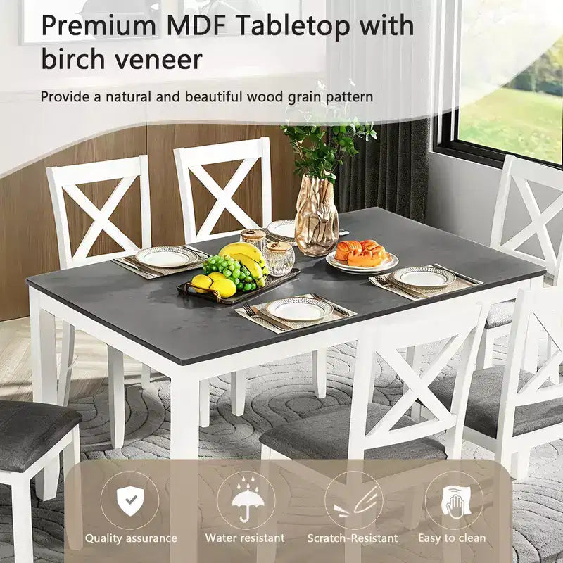 GDFStudio Loren Modern 7-Piece Solid Wood Upholstered Dining Table and Chairs Set