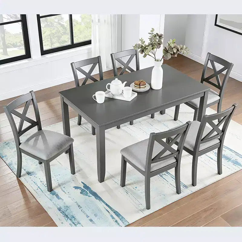 GDFStudio Loren Modern 7-Piece Solid Wood Upholstered Dining Table and Chairs Set