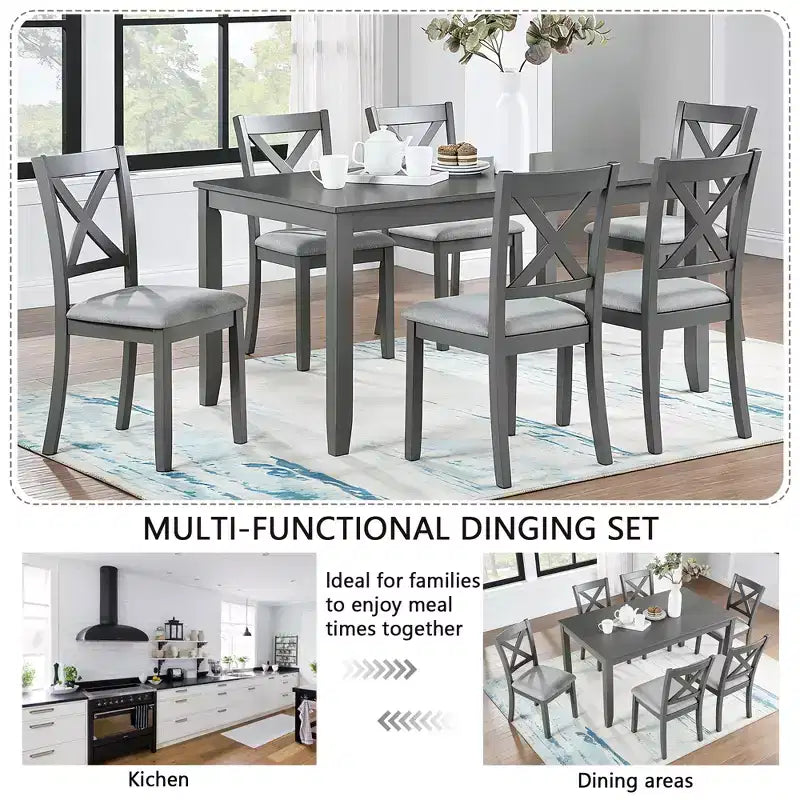 GDFStudio Loren Modern 7-Piece Solid Wood Upholstered Dining Table and Chairs Set