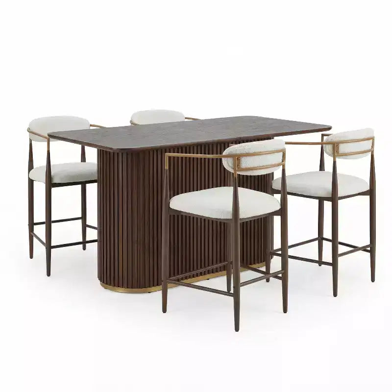 Christopher Knight Home Iwinie Modern 5 Piece Dining Set with Pedestal Wooden Table and Metal Upholstered Counter Stools