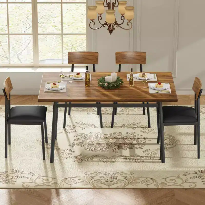 5-Piece Wood Dining Table Set for 4, Smooth Edge Table with 4 Upholstered Chairs, Compact Kitchen Dining Set for Apartment & Small Spaces