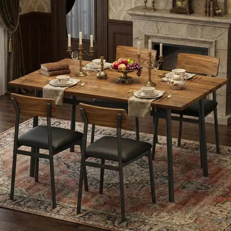 5-Piece Wood Dining Table Set for 4, Smooth Edge Table with 4 Upholstered Chairs, Compact Kitchen Dining Set for Apartment & Small Spaces