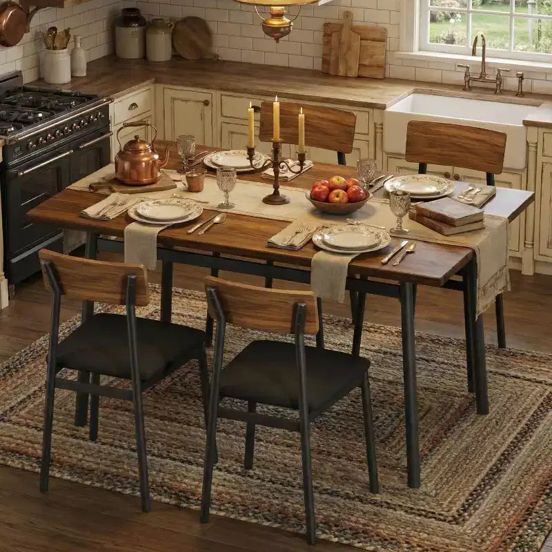 5-Piece Wood Dining Table Set for 4, Smooth Edge Table with 4 Upholstered Chairs, Compact Kitchen Dining Set for Apartment & Small Spaces