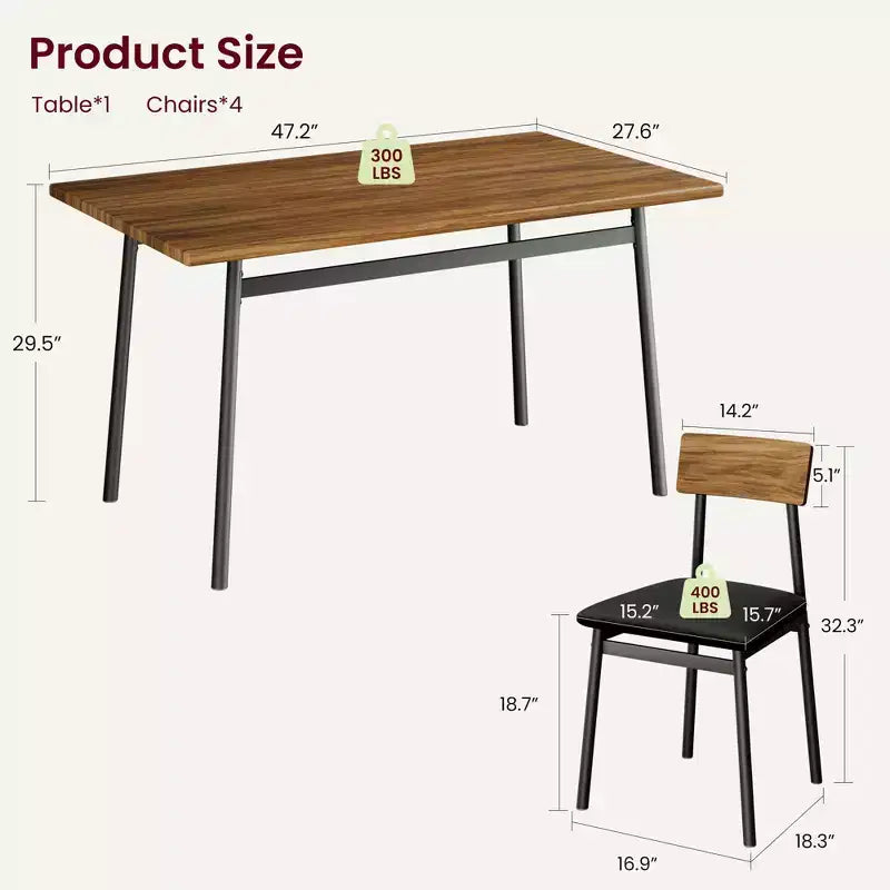 5-Piece Wood Dining Table Set for 4, Smooth Edge Table with 4 Upholstered Chairs, Compact Kitchen Dining Set for Apartment & Small Spaces
