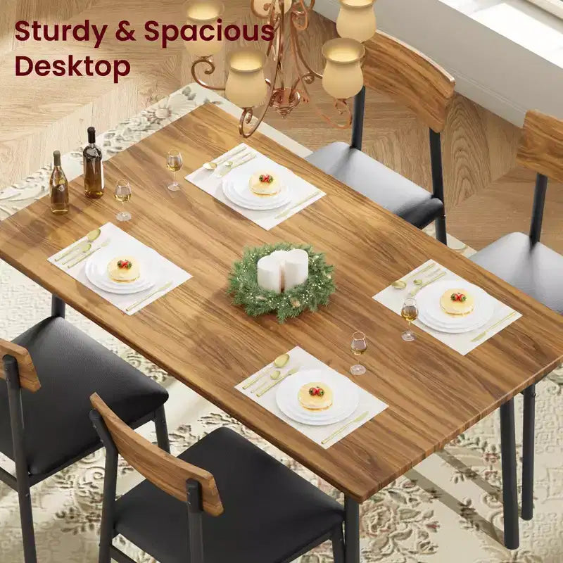 5-Piece Wood Dining Table Set for 4, Smooth Edge Table with 4 Upholstered Chairs, Compact Kitchen Dining Set for Apartment & Small Spaces