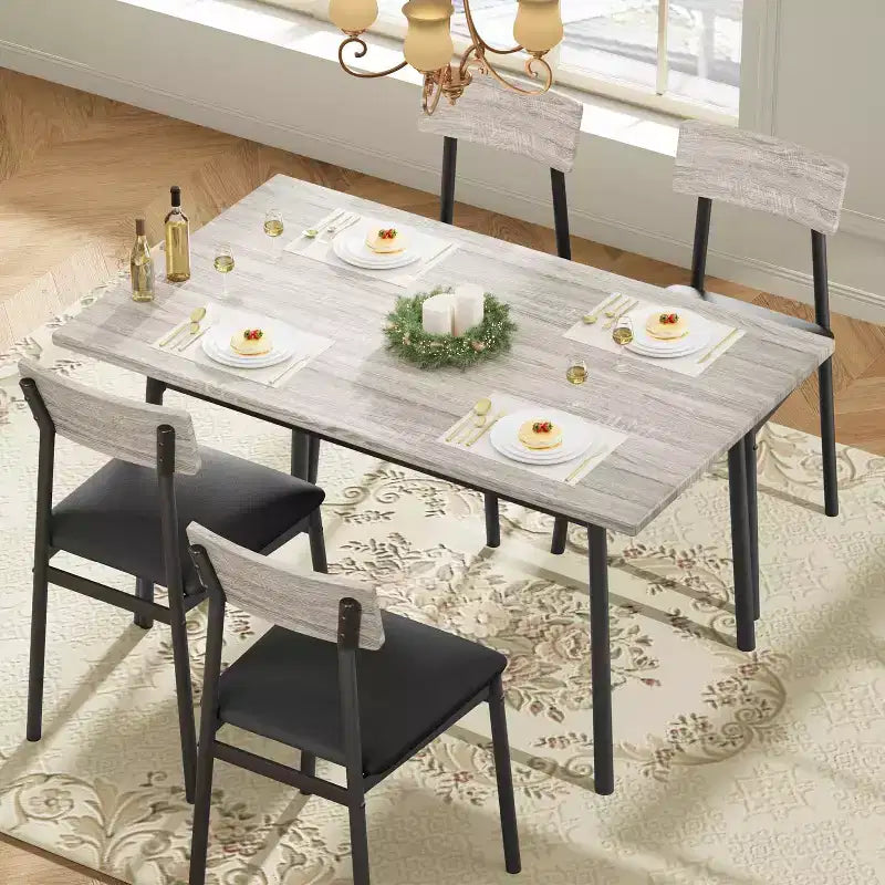 5-Piece Wood Dining Table Set for 4, Smooth Edge Table with 4 Upholstered Chairs, Compact Kitchen Dining Set for Apartment & Small Spaces