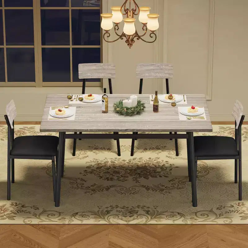 5-Piece Wood Dining Table Set for 4, Smooth Edge Table with 4 Upholstered Chairs, Compact Kitchen Dining Set for Apartment & Small Spaces