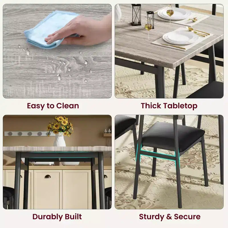 5-Piece Wood Dining Table Set for 4, Smooth Edge Table with 4 Upholstered Chairs, Compact Kitchen Dining Set for Apartment & Small Spaces