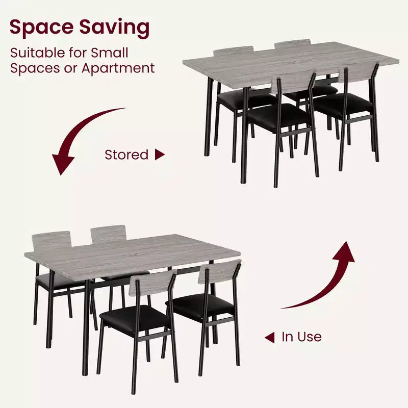 5-Piece Wood Dining Table Set for 4, Smooth Edge Table with 4 Upholstered Chairs, Compact Kitchen Dining Set for Apartment & Small Spaces
