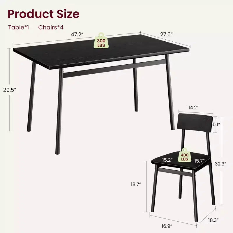 5-Piece Wood Dining Table Set for 4, Smooth Edge Table with 4 Upholstered Chairs, Compact Kitchen Dining Set for Apartment & Small Spaces