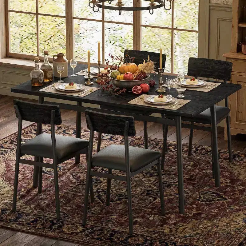 5-Piece Wood Dining Table Set for 4, Smooth Edge Table with 4 Upholstered Chairs, Compact Kitchen Dining Set for Apartment & Small Spaces