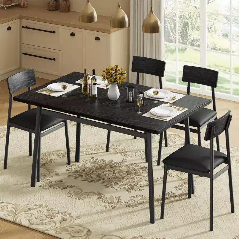 5-Piece Wood Dining Table Set for 4, Smooth Edge Table with 4 Upholstered Chairs, Compact Kitchen Dining Set for Apartment & Small Spaces