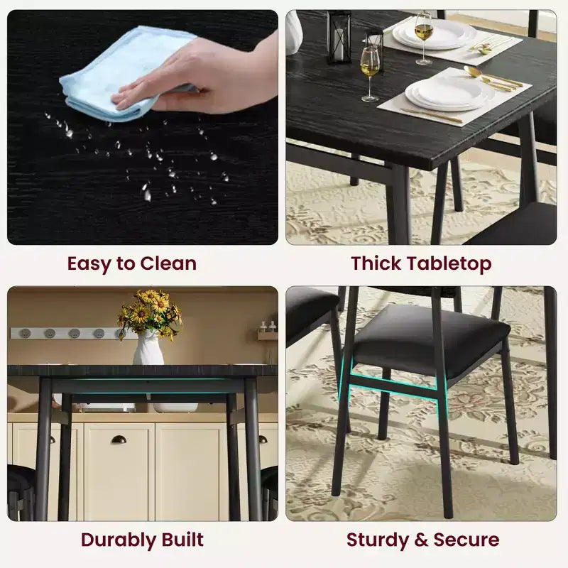 5-Piece Wood Dining Table Set for 4, Smooth Edge Table with 4 Upholstered Chairs, Compact Kitchen Dining Set for Apartment & Small Spaces