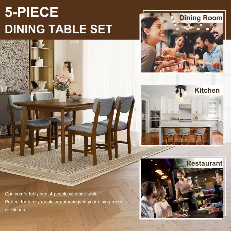 Rustic Wood Dining Table Set for 4, 5 Pieces Rectangular Table Set with Upholstered Chairs for Small Space Kitchen