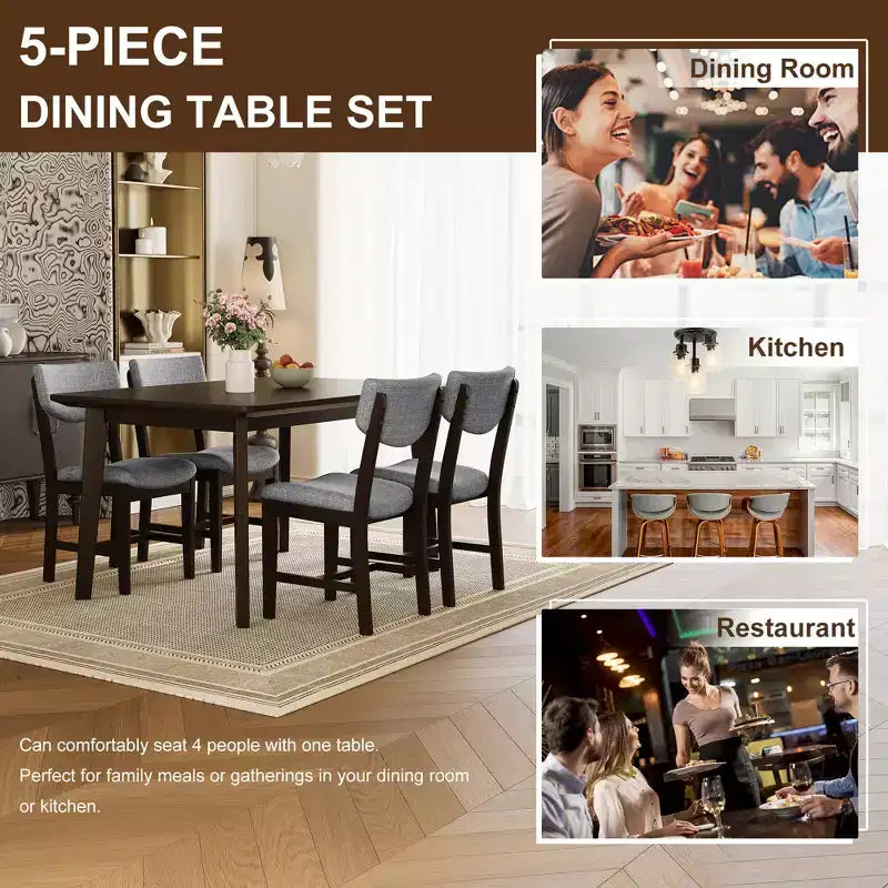 Rustic Wood Dining Table Set for 4, 5 Pieces Rectangular Table Set with Upholstered Chairs for Small Space Kitchen