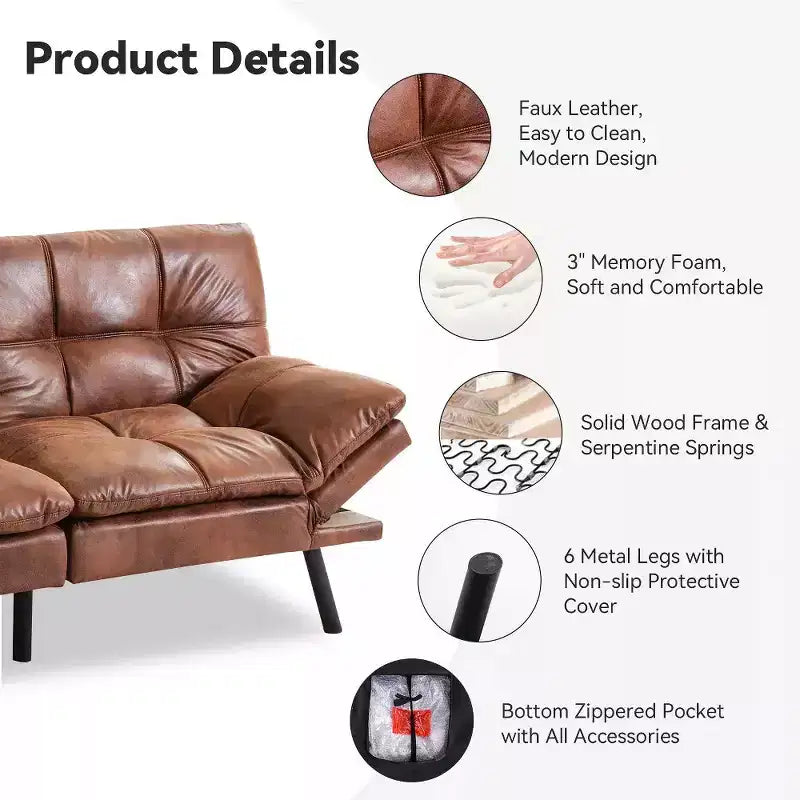 Dyonery 71 Convertible Futon Sofa Bed, Memory Foam Loveseat Sleeper, Adjustable Backrest & Armrests, Modern Couch for Home Office