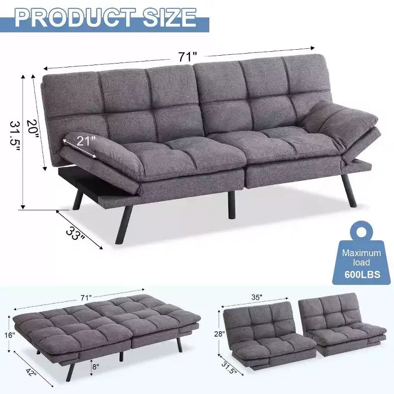 Dyonery 71 Convertible Futon Sofa Bed, Memory Foam Loveseat Sleeper, Adjustable Backrest & Armrests, Modern Couch for Home Office