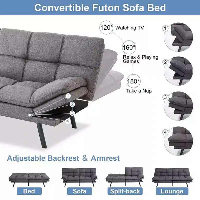 Dyonery 71 Convertible Futon Sofa Bed, Memory Foam Loveseat Sleeper, Adjustable Backrest & Armrests, Modern Couch for Home Office