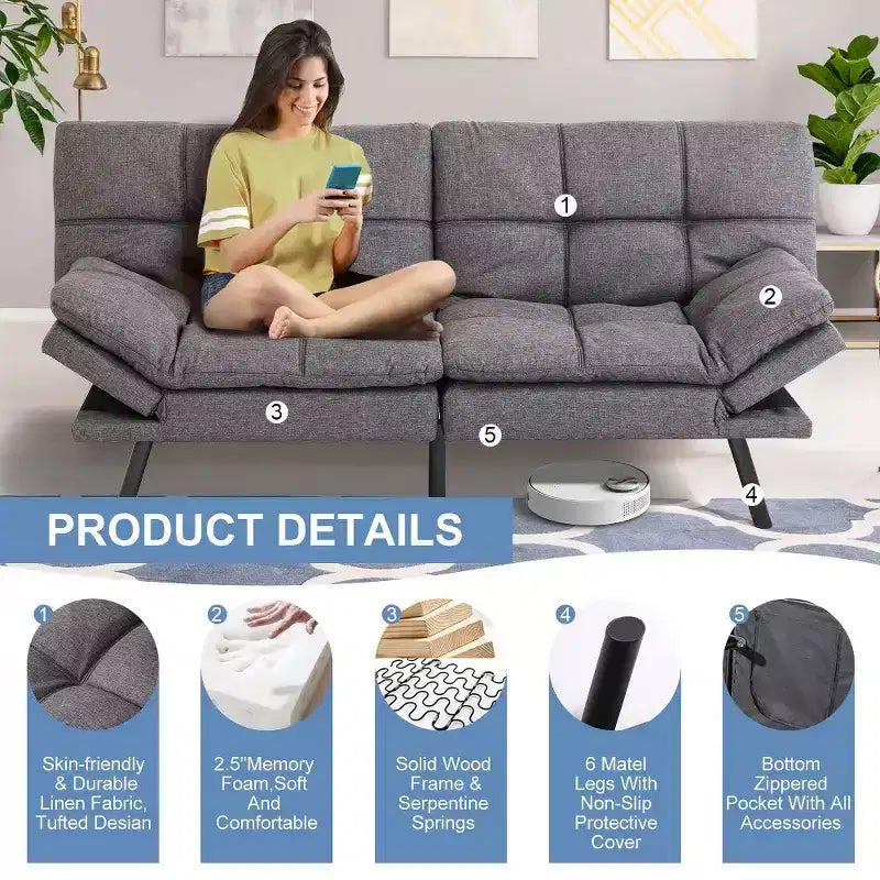 Dyonery 71 Convertible Futon Sofa Bed, Memory Foam Loveseat Sleeper, Adjustable Backrest & Armrests, Modern Couch for Home Office