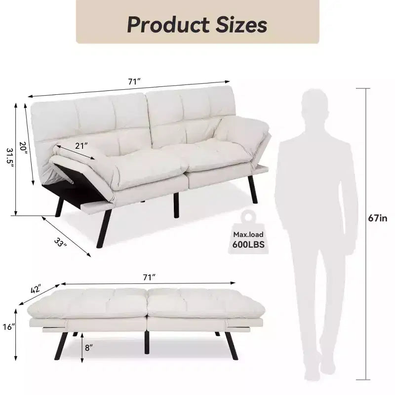 Dyonery 71 Convertible Futon Sofa Bed, Memory Foam Loveseat Sleeper, Adjustable Backrest & Armrests, Modern Couch for Home Office