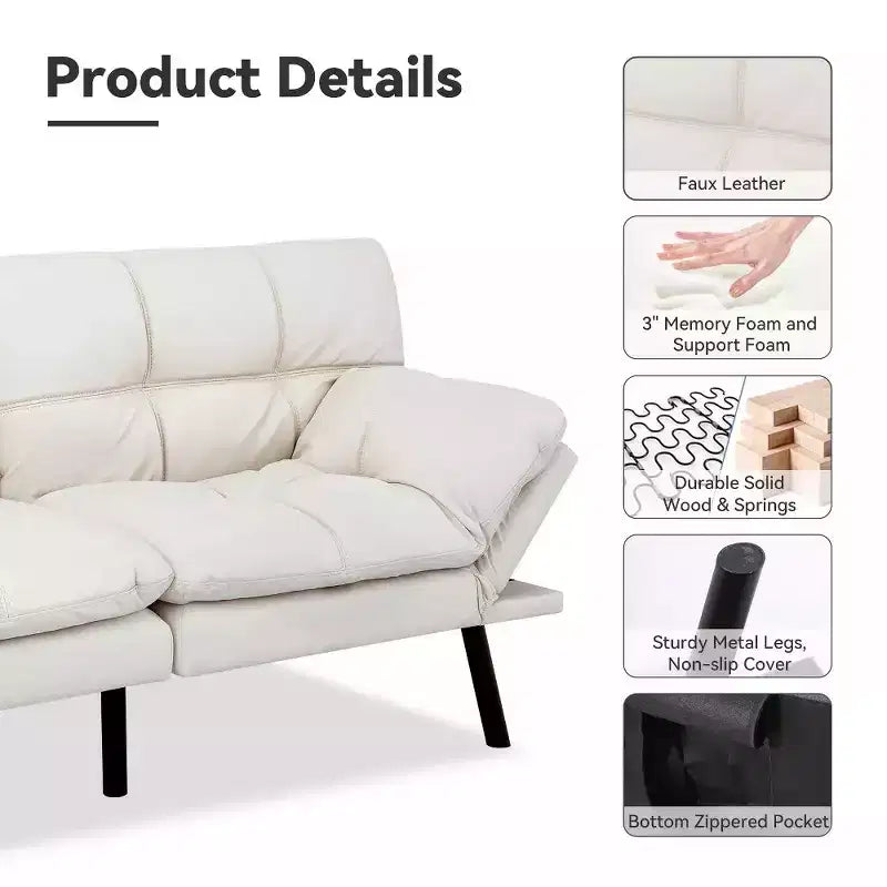 Dyonery 71 Convertible Futon Sofa Bed, Memory Foam Loveseat Sleeper, Adjustable Backrest & Armrests, Modern Couch for Home Office