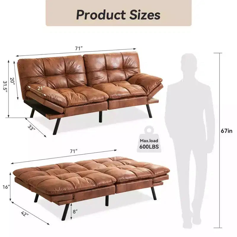 Dyonery 71 Convertible Futon Sofa Bed, Memory Foam Loveseat Sleeper, Adjustable Backrest & Armrests, Modern Couch for Home Office