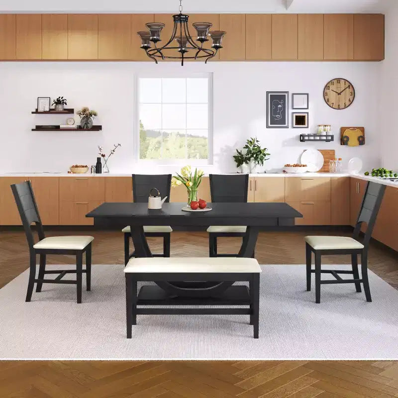 6pcs Dining Table Set Dining Set for 6, Family Kitchen Table Set with Ergonomic Padded Dining Chairs & Bench - ModernLuxe