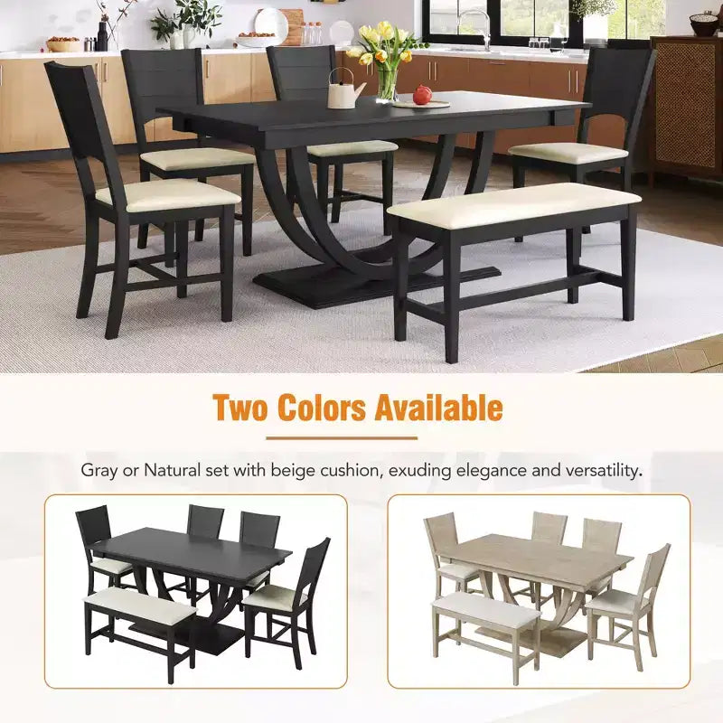 6pcs Dining Table Set Dining Set for 6, Family Kitchen Table Set with Ergonomic Padded Dining Chairs & Bench - ModernLuxe