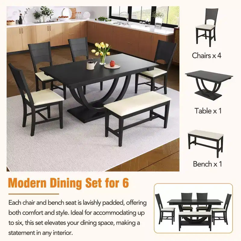 6pcs Dining Table Set Dining Set for 6, Family Kitchen Table Set with Ergonomic Padded Dining Chairs & Bench - ModernLuxe