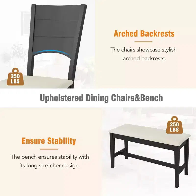 6pcs Dining Table Set Dining Set for 6, Family Kitchen Table Set with Ergonomic Padded Dining Chairs & Bench - ModernLuxe
