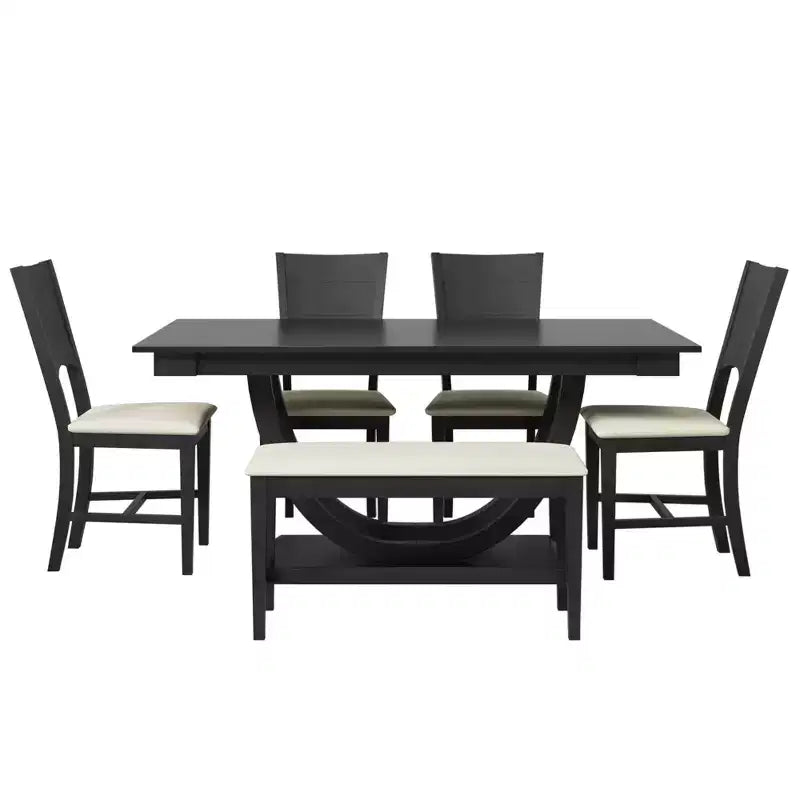 6pcs Dining Table Set Dining Set for 6, Family Kitchen Table Set with Ergonomic Padded Dining Chairs & Bench - ModernLuxe
