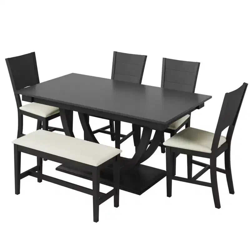 6pcs Dining Table Set Dining Set for 6, Family Kitchen Table Set with Ergonomic Padded Dining Chairs & Bench - ModernLuxe