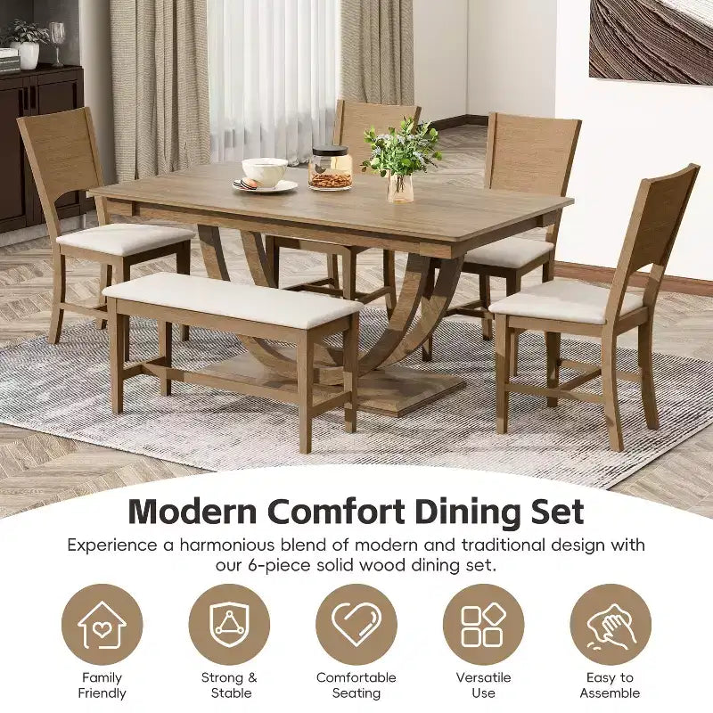 6pcs Dining Table Set Dining Set for 6, Family Kitchen Table Set with Ergonomic Padded Dining Chairs & Bench - ModernLuxe
