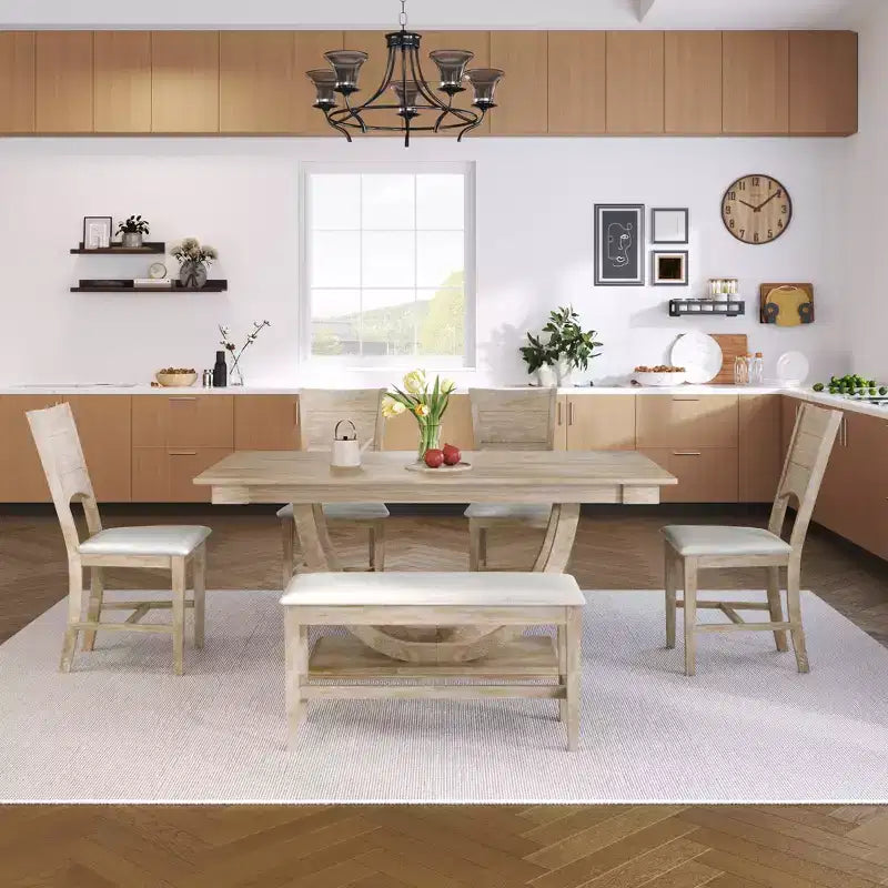 6pcs Dining Table Set Dining Set for 6, Family Kitchen Table Set with Ergonomic Padded Dining Chairs & Bench - ModernLuxe