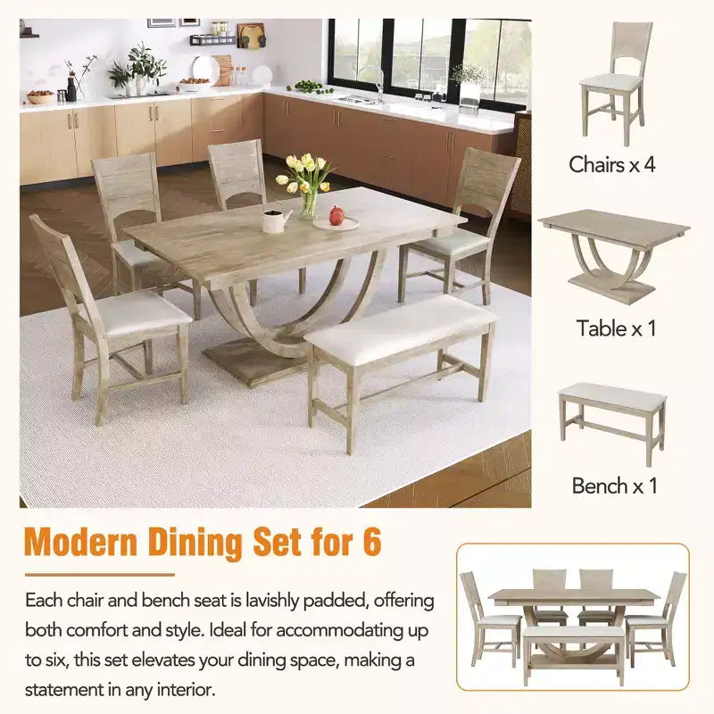 6pcs Dining Table Set Dining Set for 6, Family Kitchen Table Set with Ergonomic Padded Dining Chairs & Bench - ModernLuxe