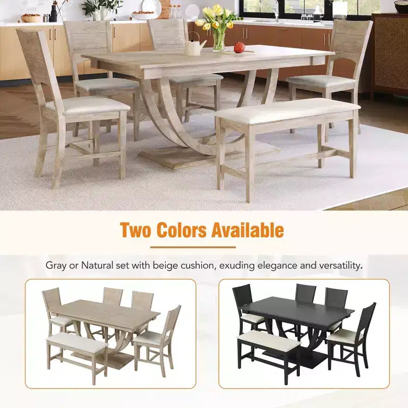 6pcs Dining Table Set Dining Set for 6, Family Kitchen Table Set with Ergonomic Padded Dining Chairs & Bench - ModernLuxe