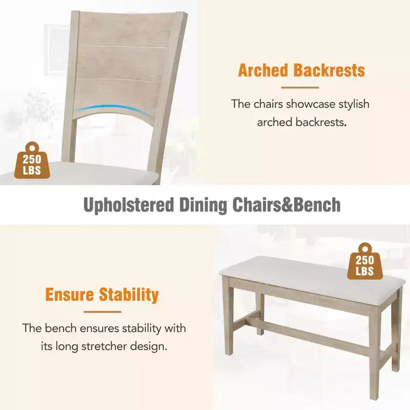 6pcs Dining Table Set Dining Set for 6, Family Kitchen Table Set with Ergonomic Padded Dining Chairs & Bench - ModernLuxe