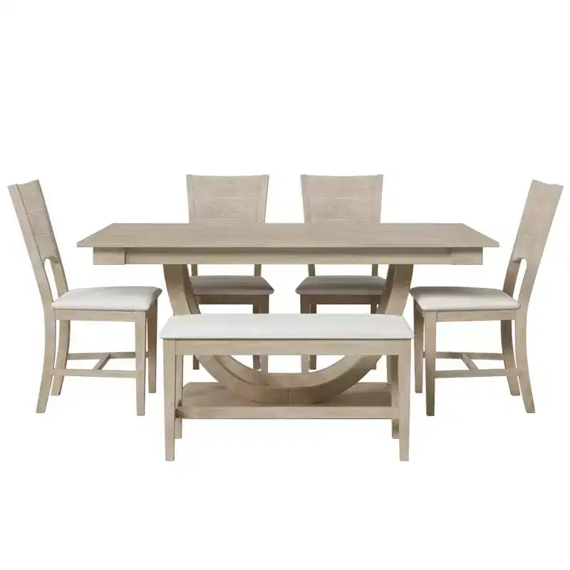 6pcs Dining Table Set Dining Set for 6, Family Kitchen Table Set with Ergonomic Padded Dining Chairs & Bench - ModernLuxe