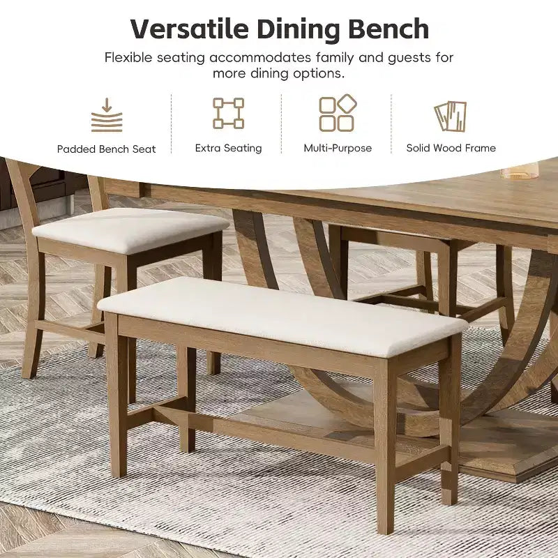 6pcs Dining Table Set Dining Set for 6, Family Kitchen Table Set with Ergonomic Padded Dining Chairs & Bench - ModernLuxe