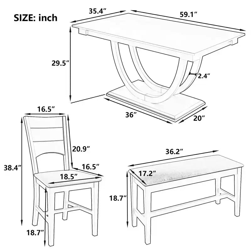 6pcs Dining Table Set Dining Set for 6, Family Kitchen Table Set with Ergonomic Padded Dining Chairs & Bench - ModernLuxe