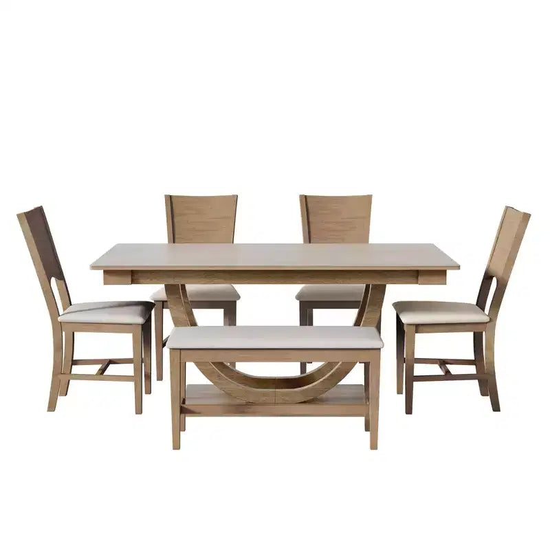 6pcs Dining Table Set Dining Set for 6, Family Kitchen Table Set with Ergonomic Padded Dining Chairs & Bench - ModernLuxe