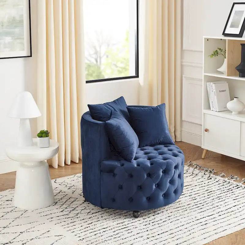Fauteuil d'appoint capitonné pivotant Blue Velvet avec roulettes