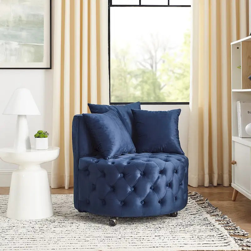 Fauteuil d'appoint capitonné pivotant Blue Velvet avec roulettes