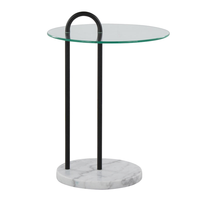 Table d'appoint contemporaine en verre et marbre avec piètement en métal noir