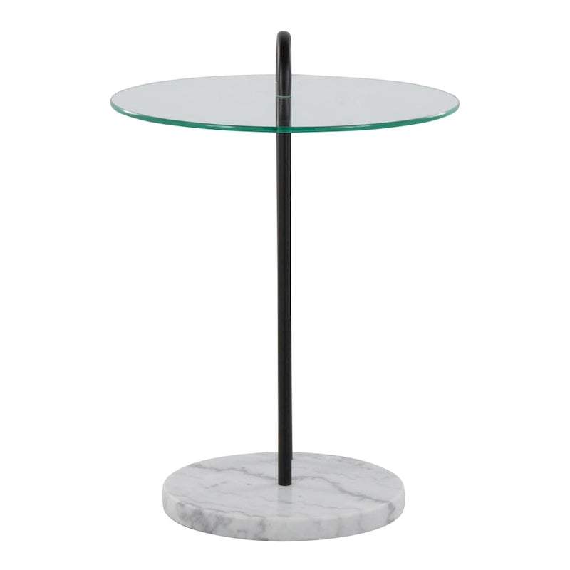 Table d'appoint contemporaine en verre et marbre avec piètement en métal noir
