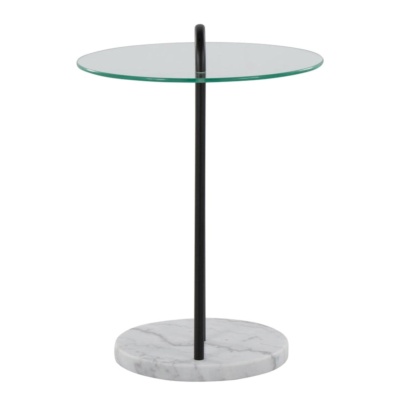 Table d'appoint contemporaine en verre et marbre avec piètement en métal noir