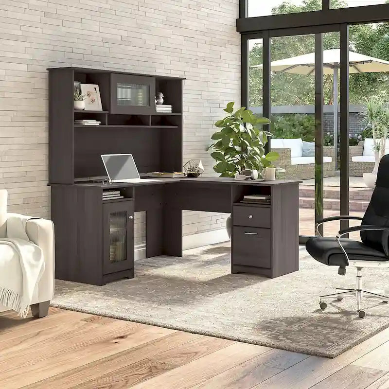 Bureau d'angle 60 po avec huche, armoire de rangement et tiroir classeur