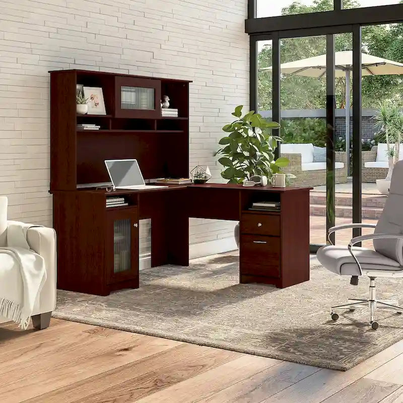 Bureau d'angle 60 po avec huche, armoire de rangement et tiroir classeur