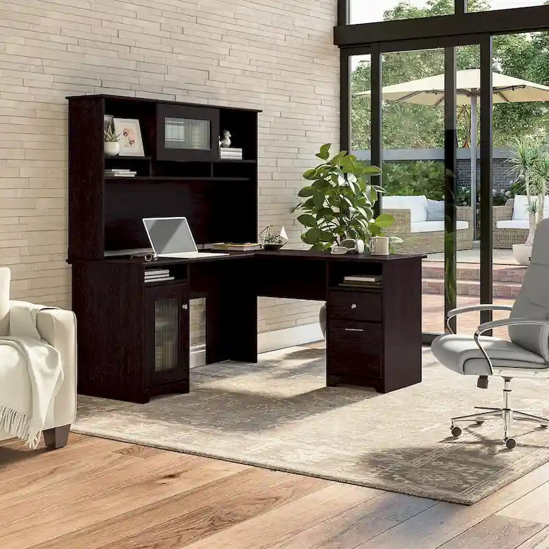 Bureau d'angle 60 po avec huche, armoire de rangement et tiroir classeur